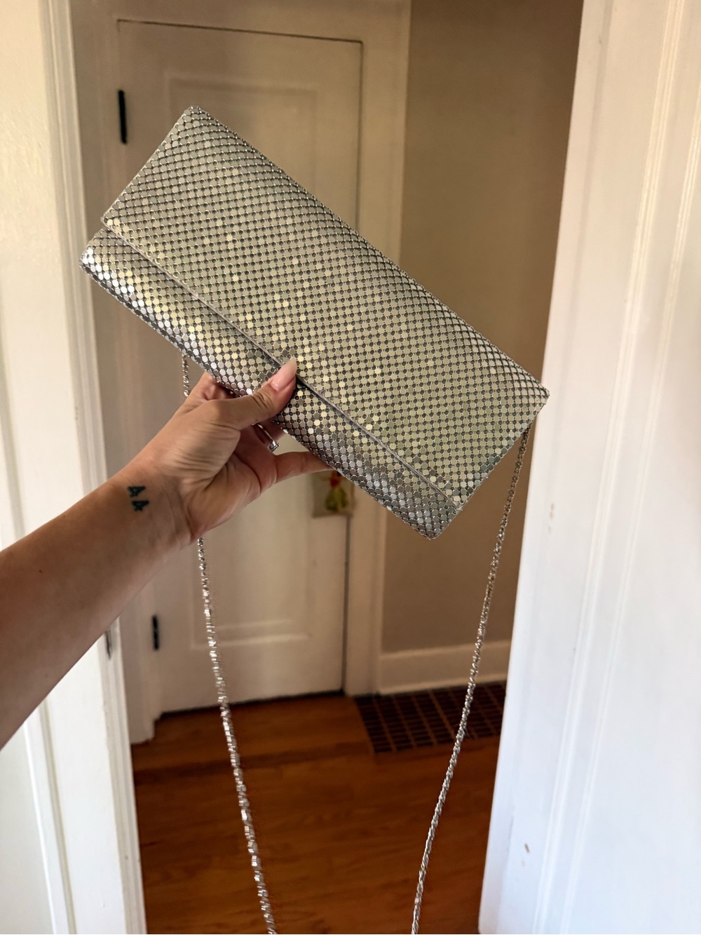 Silver Metallic Chain Crossbody Clutch